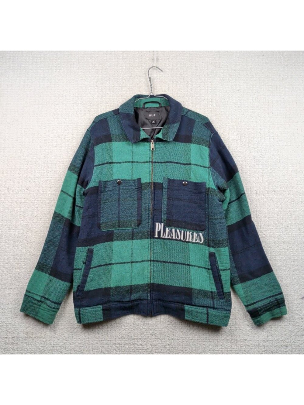 HUF X Pleasures Green Blackwatch Flannel Plaid Jacket Full Zip Jacket Men’s L